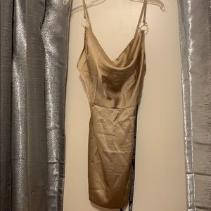 champagne satin cowl neck ring detail bodycon dress